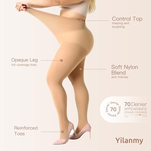 Image of Yilanmy 2 Pairs Plus Size Tights for Women 70D Semi Opaque Control Top Pantyhose Queen Size High Waist Stockings