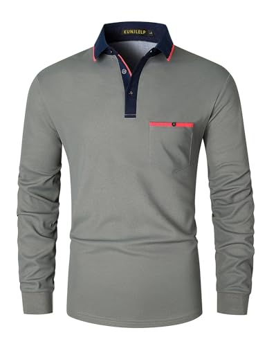 KUNJLELP Polos Hombre Manga Larga con Bolsillo Escote de Color Poloshirt Otoño Camisa Golf Trabajo Camisetas,A-Gris,L