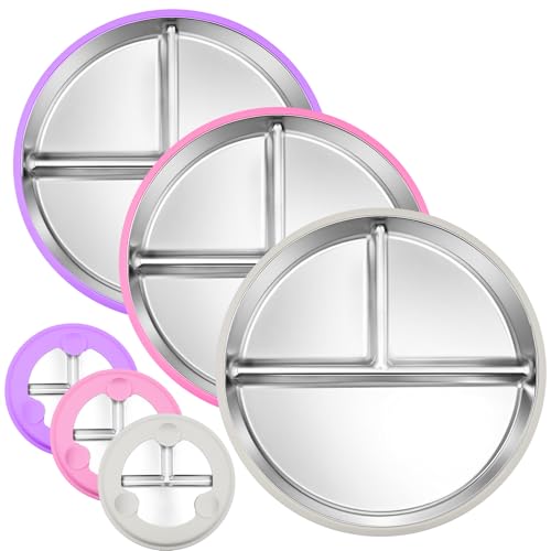 Rycid 3-Pack Stainless Steel Baby Plates with Suction, BPA-Free Stainless Steel Kids Plates, 9" Divided Toddler Plate for Dishwasher Safe, Non-Slip Silicone Base, Detachable (Pink, Gray, Purple)