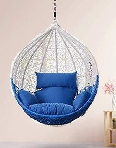 Image of Single Seater Swing Chair with Stand and Cushion Hammock Swing for Adult Outdoor Indoor Garden Living Room Balcony Hanging Chair (Blue & White)
