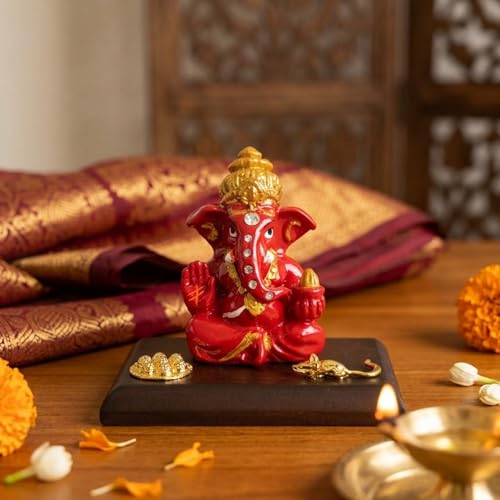 Image of eCraftIndia Red Blessing Ganesha Statue | Lord Ganesha Idol for Home Decor Car Dashboard | Ganesh Ganpati Murti Gift for Diwali Housewarming Birthday
