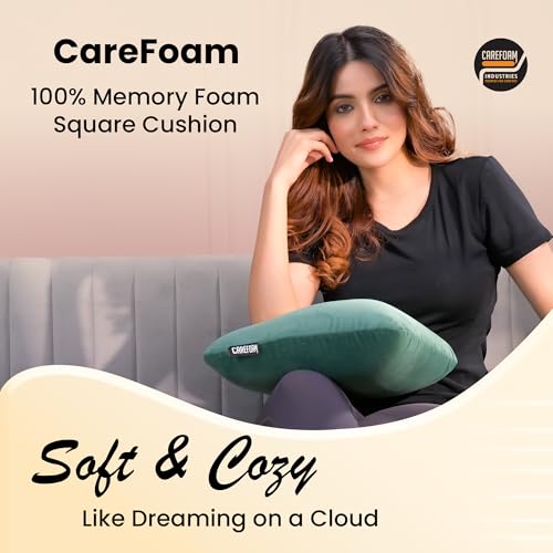 Image of CareFoam Memory Foam Square Cushion for Car, Sofa /Diwan, Bed, Chair & Decoration | Highly Durable, Hypoallergenic | 14 inchx 14 inch x 4 inch | Velvet Cover | Green, Pack of 2