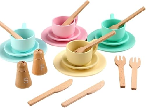 GEBYUI 木製アフタヌーンティーセット|おままごと食器セット|ティートレイ・お茶碗付きキッチン玩具|ごっこ遊び・茶会角色扮演|コミュニケーション能力育成知育玩具|保育所・児童館用品|誕生日・クリスマス・正月贈り物?