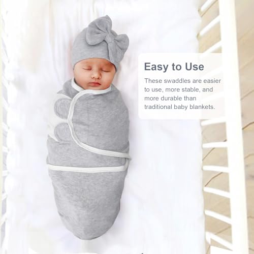 Image of DRESHOW BQUBO 3 Pack Newborn Baby Swaddle Blanket with Hats Infant Adjustable Velcro Swaddling Wraps with Bear Ears Cap for 6-12 Lbs Newborns & 0-3 Months Girls Boys