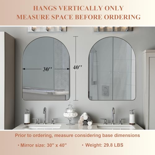 Image of ANDY STAR 30 x 40 Inch Arched Mirror, Bathroom Mirror in Stainless Steel Metal Frame, Arch Top Rounded Corner Set Design Wall Mount Hangs Vertical