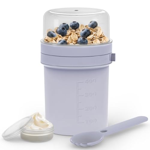 MRUN BONE Müslibecher To Go mit Gabel-Löffel Auslaufsichere Joghurtbecher To Go Müslibecher für Unterwegs Arbeit Schule Picknick 450ml+250ml (Lavendel Violett)