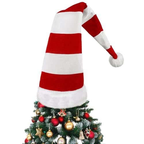 Knitgrip 38'' x 12'' Christmas Tree Topper Hat Tree Topper Red White Striped Hat Christmas Tree Topper Decor Xmas Tree Decor for Christmas Tree Ornament Holidays Party Decoration