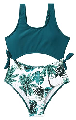 Image of SEAUR Girls One Piece Swimsuits Summer Beach Hawaiian Bathing Suits Kids Colorblock Swimsuit Cute Printed Cutout Swimwear