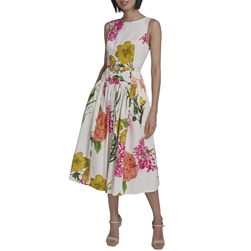 Image of Karl Lagerfeld Women's Sleeveless Boat Neck Drop Waist Belted Midi Dress
