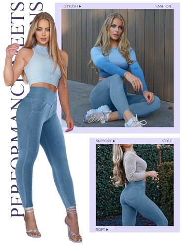 AIMILIA Crossover Jeggings for Women Tummy Control High Waist Pull On Stretchy Jeans Denim Leggings with Pockets Slimming2