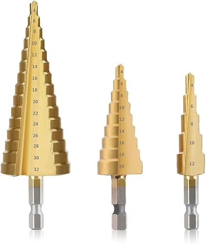 3PCS Brocas Escalonadas Brocas Cónicas HSS Titanio 4-12/4-20/4-32MM Recubiertas de Titanio Brocas Paso Ranurado Broca Vástago Hexagonal Universal Tuercas en Espiral para Metal Madera Plástico