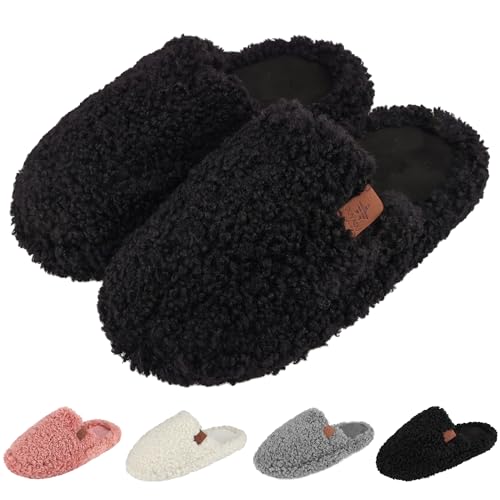 Image of Womens Fuzzy Slippers Wide Width Ladies Arch Support Memory Foam Slippers Warm Comfy faux fur Slip On Indoor House Shoes