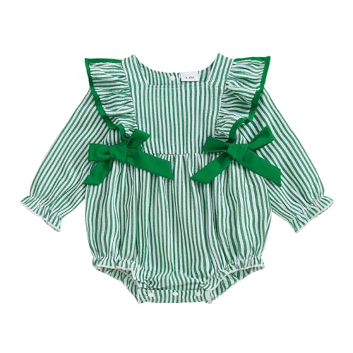 Newborn Baby Girl Fall Outfit Striped Ruffle Long Sleeve Romper Bodysuit Smocked Bubble Clothes