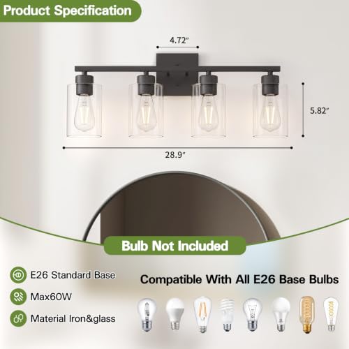 Image of 4 Light Bathroom Vanity Light - Matte Black Bathroom Light Fixtures UL Certification, Round Light Fixture Over Mirror, Farmhouse Light Fixtures for Bathroom & Bedroom