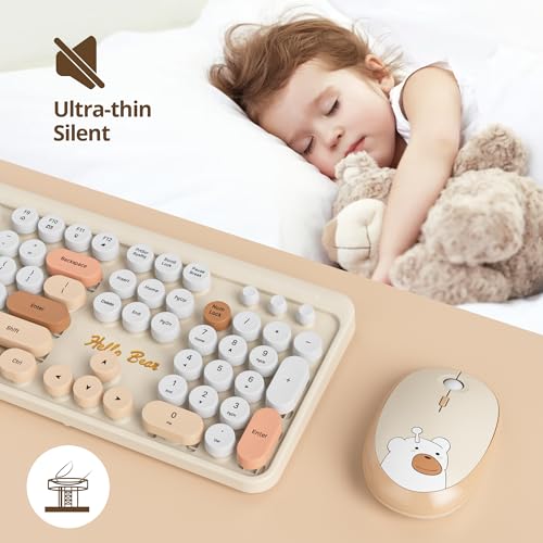 Image of GTSP Creamy Wireless Keyboard and Mouse, Typewriter Office Full-Sized Colorful 2.4G Cute Aesthetic Keyboard for Computer, Laptop, PC Desktops(Brown)