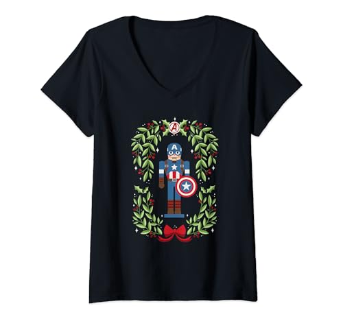 Image of Womens Marvel Holiday Christmas Avengers Captain America Nutcracker V-Neck T-Shirt