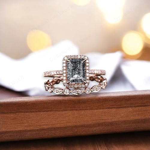 Vintage Emerald cut black rutilated quartz engagement ring set 14k rose gold art deco wedding ring for women unique bridal promise ring set birthday gift for her2