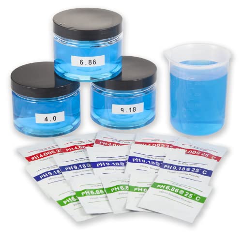 All-in-1 pH Meter Recalibration Kit - Includes Three 250ml Jars for Storage, 15 Packs of Buffer Powder, and 250ml Beaker