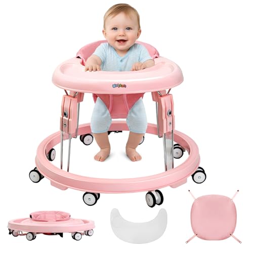 Baby Walker with Wheels, One-Touch Folding Baby Walkers, 7-Speed Height Adjustment with Large Dinner Plate, Anti-Roll 8-Wheel with Brake for 6-18 Months Baby, Full Pink