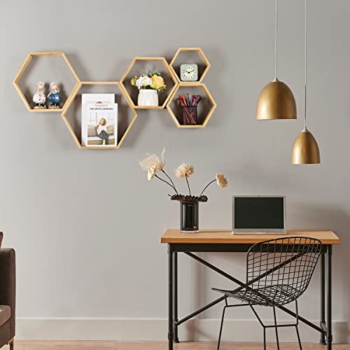 Floating Shelves Set Of 5, Honey Comb Hexagon Floating Shelves Set, Hexagon Shelves For Wall, Wall Mounted Bamboo Farmhouse Storage For Bathroom, Kitchen, Bedroom, Living Room, Office(Natural Color) #TOP5