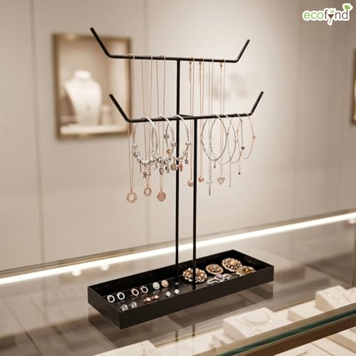 Image of ecofynd 2-Tier Metal Jewelry Organizer Stand with 2 Hangers, 16-Inch Holder for Earrings, Necklaces, Bracelets & Rings, Space-Saving Display for Vanity, Dressing Table & Home (Black, JS010)