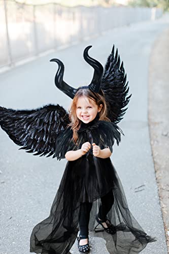 Vzqi Maleficent Costume For Girls Halloween Costume Kids Black Dress With Maleficent Horns And Feather Cape #TOP2