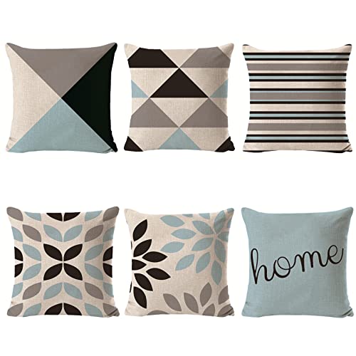 Set Of 6 Geometry Throw Pillow Covers 18X18 Inch,Black And Curry Pale Blue Triangles Decorative Couch Pillow Cases,Modern Floral Linen Square Cushion Covers For Couch Bed Living Room Sofa #TOP7