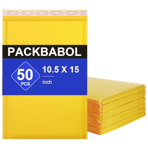 packbabol Kraft bubble mailers 10.5x15 Inch 50 Pack,Self-Sealing Paper Envelopes for Packaging,Strong Adhesion Envelope Mailers, Waterproof Cushioned Padded Shipping Bags Yellow #5