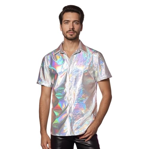 Col à Revers Disco pour Homme avec Chemise Métallisée Brillante Courte