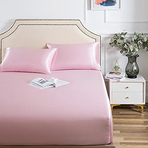 Satin Fitted Sheet, Full Fitted Sheet Only, 1 - Piece Ultra Soft Deep Pocket Single Silk Bottom Bed Sheet Full - Pink Cover