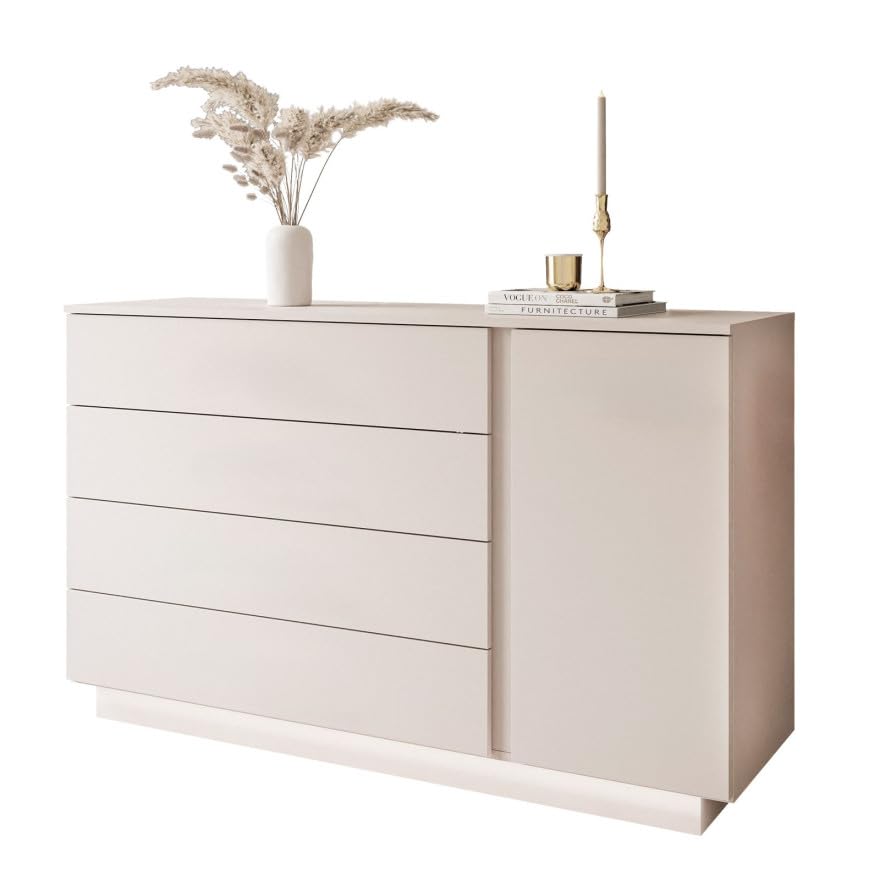 Lookway Kommode LINA Kaschmir II 1D4S mit LED-Beleuchtung, auf Sockel, Push-to-Open oder Griffe, 138x84x40 cm (Push-to-Open System)