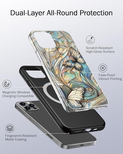 Image of Goodon for iPhone 12 Pro Max Case Cute - Wireless Charging Compatible - Dual-Layer Hard Shell + Silicone Cover - Protective Phone Case with Trendy Designs for Women - Butterflies Blue Gold