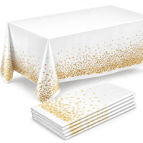 Image of Prestee White and Gold Tablecloths, 4pk, 54x108 Inches - Party Table Cloths Disposable - Gold Dot Disposable Tablecloths - Plastic Table Cloth - Engagement Party Decorations, Baptism Decorations