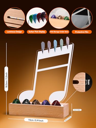 Light Up Guitar Pick Holder—Note-Shaped Cool Gifts for Music Lovers,Acrylic Guitar Pick Display and Storage With Wooden Base，Unique Guitar Accessories