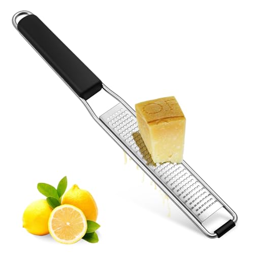 Diboniur Käsereibe, Parmesanreibe, Zitronenreibe Knoblauchreibe Handreibe, Ingwerreibe Küche, Scharfer Edelstahl, mit Schutzhülle und Reinigungsbürste, Silber/Schwarz