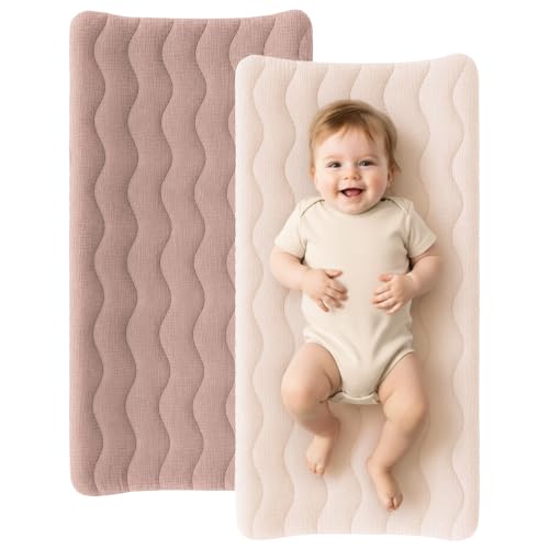 Image of Konssy 2 Pack Quilted Muslin Changing Pad Cover, Waterproof Layer 32 inch x 16 inch | 100% Cotton Surface with Silent Protection, Soft Changing Table Sheets, for Baby Boys and Girls (Biscotti)