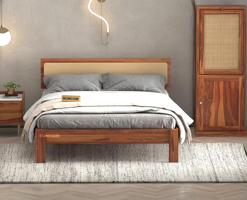 Image of SUNCOM Wooden Queen Size Bed for Bedroom | Wooden Double Bed | Platform Cot Bed with Upholstered Cushioned Headboard | 6.5 x 5 Ft | Sheesham Solid Wood, Honey Finish