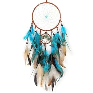 Dream Catchers with Tree of Life and Teal Feather Indian Handmade Dreamcatchers for Boho Wall Hanging Decoration, Ornament Festival Gift (Green Tree of Life)