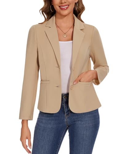 Kyzoeyou Traje casual para mujer, chaqueta de manga larga con bolsillos (color beige, talla M)