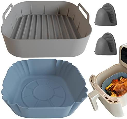 Air Fryer Silicone Pot 2 Pack, Dompion for 6QT or Bigger Air Fryer Square Food Safe Silicone Basket Liners, Heat Resistant Reusable Easy to Clean Air fryer Oven Accessories with Heat-proof Gloves