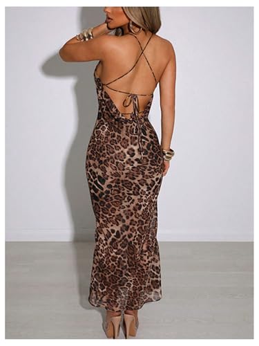 Image of Floerns Women's Leopard Draped Halter Neck Dress Criss Cross Tie Back Party Midi Dress