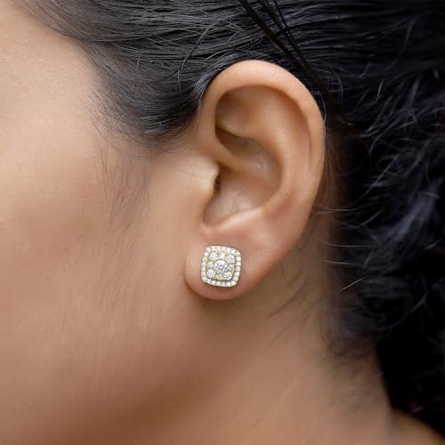 SAVEARTH DIAMONDS 1 1/4 Carat Round Cut Moissanite Diamond & Lab Grown Diamond Cushion Frame Halo Cluster Stud Earrings In 14k Gold Over Sterling Silver (1.25 Cttw)2