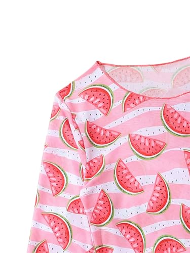 Image of Girl's Watermelon Print Long Sleeve Cover Up & Cami One Piece Swimwear Bathing Suit 2 Piece Set Pink 12Y