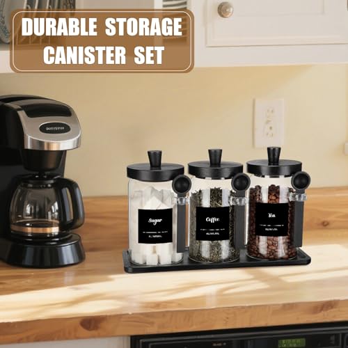 Image of Suclain 3 Pcs Glass Coffee Container Set, 25 oz, Black Bamboo | Coffee Tea Sugar Canister Set, Airtight Jar Food Storage with Wood Spoon Tray Labels, Kitchen Counter Bar Organization
