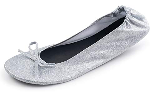Women's Glitter Foldable Ballet Flat Roll Up Slipper Shoes (Silver-Sparkle, Large) #TOP2