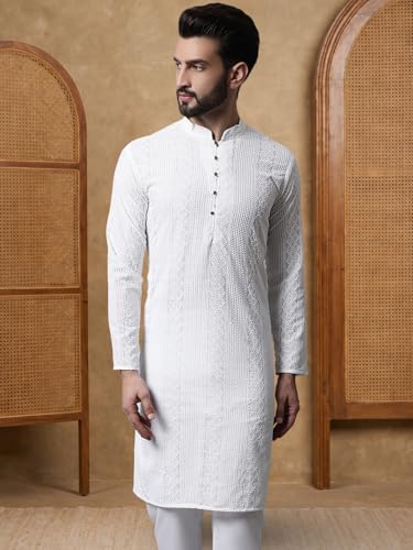 Image of Jompers Embroidered Cotton Kurtas for Men (White, 4XL)