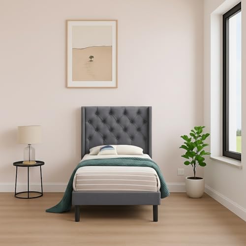 Image of Wooden Upholstered Bed Single Size Without Storage | Wrought Iron Single Size Cot with Headboard | Upholstered Bed for Bedroom | Palang Furniture for Living Room, Grey Finish-1 (75x48)
