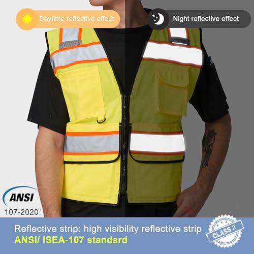 Image of High Vis Reflective Safety Vest for Men Women Zipper Ipad Pockets Mesh Construction Apparel Neon Vest for Work
