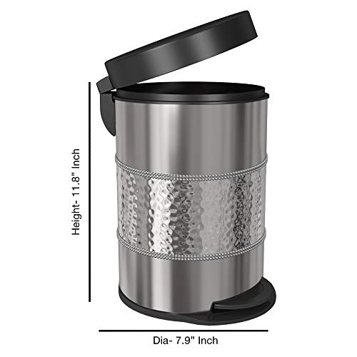 Nu Steel 5 Liter Round Small Metal Step Trash Can Wastebasket, Garbage Container Bin - For Bathroom, Powder Room, Bedroom, Kitchen, Office - Removable Liner Bucket - 8" X 8" X 12" – Shiny Steel #TOP1