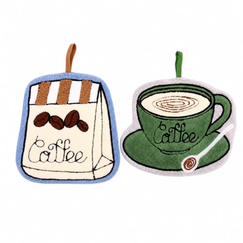 Image of House of Quirk Coffee Shaped Hanging Towels Set of 2 | Soft Coral Fleece Kitchen & Bathroom Towels | Super Absorbent & Quick-Dry Decorative Cloths (Green /Beige)